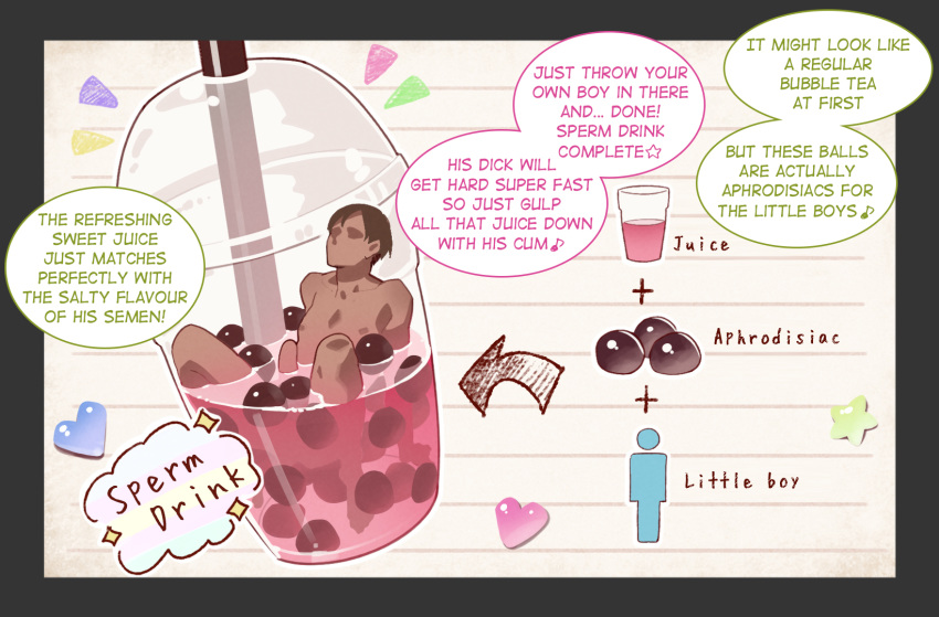 1boy bubble_tea drinking_straw english_text highres ingredients male_focus muk_(monsieur) nude original partially_submerged short_hair sitting solo