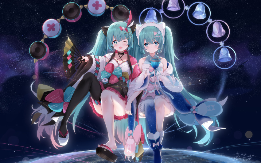 2girls :d aqua_eyes aqua_hair asahi_kuroi bangs bell black_legwear blue_gloves blunt_bangs boots bow collared_shirt commentary criss-cross_halter detached_sleeves dual_persona eyebrows_visible_through_hair fan fang flip-flops fur-trimmed_boots fur_trim gloves hair_between_eyes hair_bow hair_ornament hairpin halterneck hatsune_miku headband highres holding jacket japanese_clothes kimono long_hair looking_at_viewer magical_mirai_(vocaloid) microphone mismatched_gloves multiple_girls multiple_persona off_shoulder one_eye_closed open_mouth pink_gloves platform_footwear sandals shirt single_thighhigh sitting skin_fang sky smile speaker star_(sky) star_(symbol) star_print starry_sky thighhighs twintails two-tone very_long_hair vocaloid x_hair_ornament