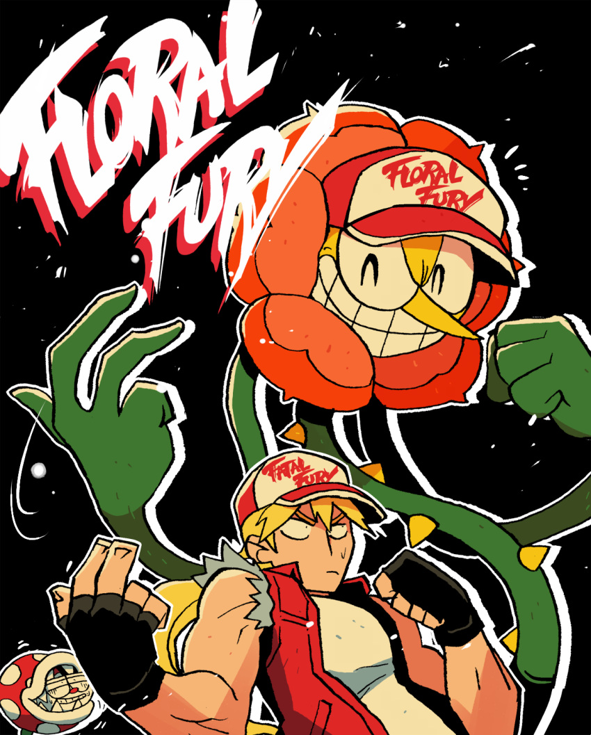 ^_^ black_background black_gloves blonde_hair cagney_carnation clenched_hand closed_eyes copyright_name cuphead cuphead_(game) fatal_fury fatal_fury_cap fingerless_gloves flower gloves grin hat highres male_focus mario_(series) piranha_plant pun rariatto_(ganguri) red_vest shirt simple_background sleeveless smile super_smash_bros. sweat teeth terry_bogard the_king_of_fighters vest