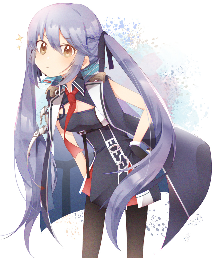 1girl azur_lane bangs bare_shoulders black_dress black_gloves black_legwear black_ribbon blue_hair blue_jacket blush braid breasts brown_eyes cleavage cleavage_cutout closed_mouth commentary_request dress essex_(azur_lane) eyebrows_visible_through_hair gloves hair_between_eyes hair_ribbon hand_on_hip highres jacket leaning_forward long_hair looking_at_viewer medium_breasts pantyhose red_neckwear ribbon shitada sleeveless sleeveless_jacket solo sparkle standing twintails v-shaped_eyebrows very_long_hair