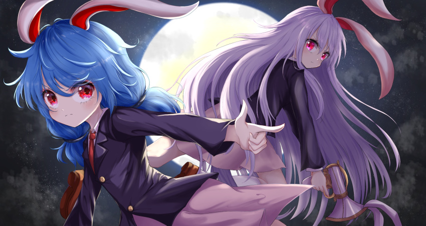 2girls alternate_costume animal_ears blue_hair bunny_ears cloud commentary_request cosplay finger_gun full_moon gun highres holding holding_gun holding_weapon kayon_(touzoku) light_frown long_hair long_sleeves looking_at_viewer low_twintails lunatic_gun moon multiple_girls necktie night outdoors outstretched_hand pink_skirt purple_hair red_eyes red_neckwear reisen_udongein_inaba reisen_udongein_inaba_(cosplay) seiran_(touhou) shirt short_hair skirt suit_jacket touhou touhou_lost_word twintails very_long_hair weapon white_shirt