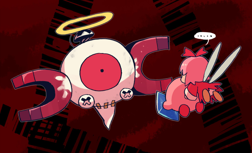 ... 1girl abstract_background cosplay crossover dress fairy fairy_wings fake_halo gen_1_pokemon highres kirby kirby_(series) kirby_64 looking_at_another magnemite paint pink_hair pokemon pokemon_(creature) rariatto_(ganguri) red_background red_dress red_eyes red_ribbon ribbon ribbon_(kirby) spoken_ellipsis tape wings zero_two_(kirby) zero_two_(kirby)_(cosplay)
