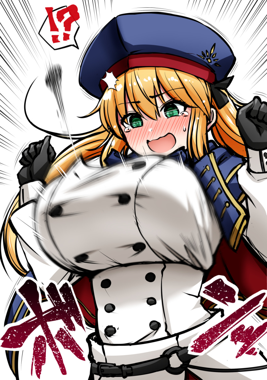 !? 1girl alternate_breast_size artoria_pendragon_(all) artoria_pendragon_(caster) bangs beret blue_cape blue_headwear blush breasts buttons cape double-breasted dress fate/grand_order fate_(series) gloves green_eyes hat highres kanno_takanori large_breasts long_hair long_sleeves multicolored multicolored_cape multicolored_clothes open_mouth simple_background tearing_up white_background white_dress