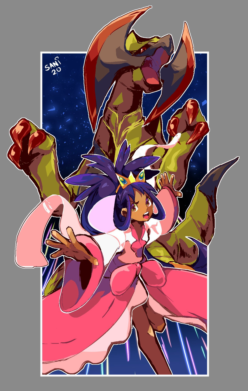 1girl artist_name brown_eyes commentary dark_skin dress gen_5_pokemon hair_rings haxorus highres iris_(pokemon) leg_up long_hair long_sleeves open_mouth outstretched_arms pink_dress pokemon pokemon_(creature) pokemon_(game) pokemon_bw2 purple_hair sanikink spread_fingers teeth tongue