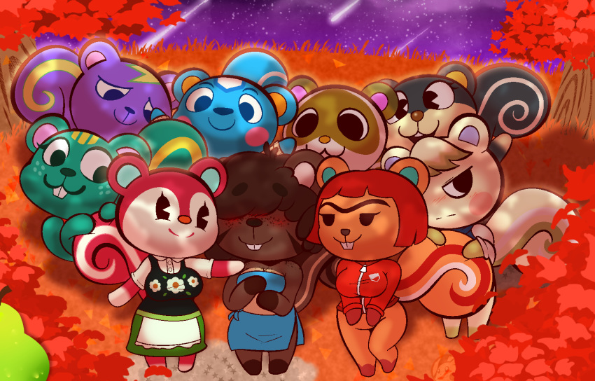 2020 animal_crossing anthro apron autumn black_clothing black_eyes black_nose black_topwear blaire_(animal_crossing) blue_body blue_bottomwear blue_clothing blue_eyes blue_fur blue_inner_ear blue_nose blue_topwear bottomwear brown_body brown_eyes brown_fur buckteeth clothing dot_eyes eyebrows featureless_crotch female filbert_(animal_crossing) fluffy fluffy_tail freckles fur green_bottomwear green_clothing green_eyes grey_body grey_fur group hair_over_eyes half-closed_eyes hand_on_shoulder hazel_(animal_crossing) hi_res jacket looking_away male mammal marshal_(animal_crossing) meteor_shower narrowed_eyes nibbles_(animal_crossing) night nintendo open_mouth orange_inner_ear orange_nose outside pie_cut_eyes pink_cheeks pink_inner_ear poppy_(animal_crossing) puff_(softestpuffss) puffy_(character) purple_body purple_fur purple_nose raised_arm red_body red_cheeks red_fur red_jacket rodent sciurid shirt smile softestpuffss star static_(animal_crossing) striped_body striped_fur stripes sylvana_(animal_crossing) tail_grab tan_body tan_fur teeth thick_eyebrows topwear video_games white_body white_clothing white_fur white_shirt white_topwear yellow_body yellow_fur yellow_inner_ear yellow_stripes