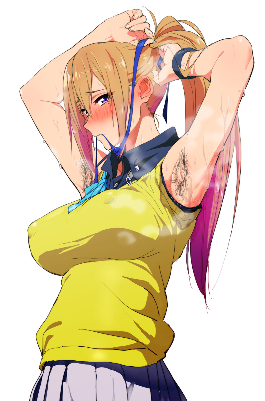 1girl adjusting_hair armpit_hair armpits blonde_hair blush breasts covered_nipples gradient_hair hair_ribbon hair_tie_in_mouth highres ishii_takamori kawakami_mai large_breasts long_hair looking_at_viewer mole mole_under_eye mouth_hold multicolored_hair musaigen_no_phantom_world pink_hair purple_eyes ribbon side_ponytail sketch smell solo sweat tying_hair