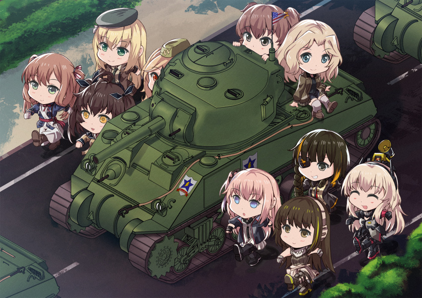 alisa_(girls_und_panzer) anthropomorphism aqua_eyes blonde_hair boots brown_eyes brown_hair chibi crossover eyepatch girls_frontline girls_und_panzer gray_eyes group hat kay_(girls_und_panzer) long_hair m14_(girls_frontline) m16a1_(girls_frontline) m1_garand_(girls_frontline) m2hb_(girls_frontline) m4_sopmod_ii_(girls_frontline) m4a1_(girls_frontline) persocon93 pink_hair ponytail red_eyes ribbons ro635_(girls_frontline) robot short_hair springfield_(girls_frontline) st_ar-15_(girls_frontline) stockings twintails uniform yellow_eyes