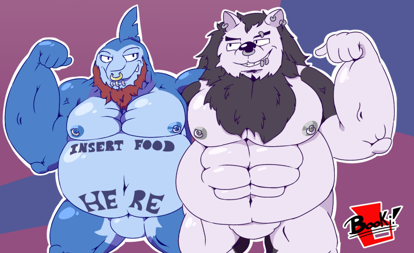 2020 anthro barazoku biped blue_body canid canine canis duo el_booki fish hi_res male male/male mammal marine musclegut muscular muscular_male nipples pecs shark wolf