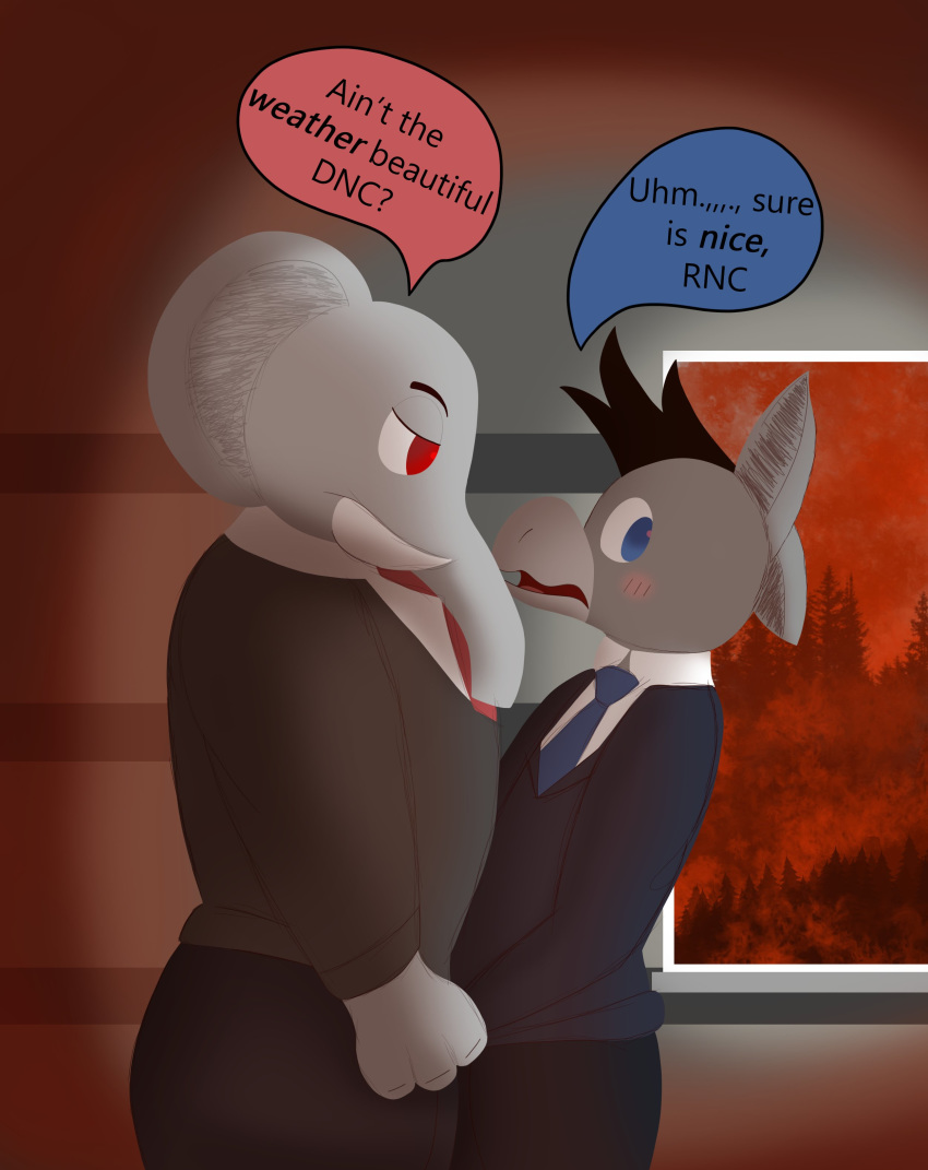 absurd_res anthro asinus blue_eyes blush democrat democrat_donkey donkey duo elephant elephantid english_text equid equine fire flustered fur grey_body grey_fur grey_skin halfs hand_holding hi_res humor joke looking_away male male/male mammal nervous photo_background politics proboscidean red_eyes republican republican_elephant simple_background size_difference speech_bubble text toony tusks white_background