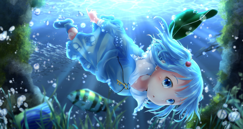 1girl :o air_bubble algae bangs blue_eyes blue_footwear blue_hair blue_shirt blue_skirt blush boots bubble commentary_request fish flat_cap freediving green_headwear hair_bobbles hair_ornament hat hat_loss hat_removed headwear_removed highres kawashiro_nitori key light_rays long_sleeves looking_at_viewer nogiguchi rubber_boots shirt skirt solo sunbeam sunlight touhou twintails two_side_up underwater