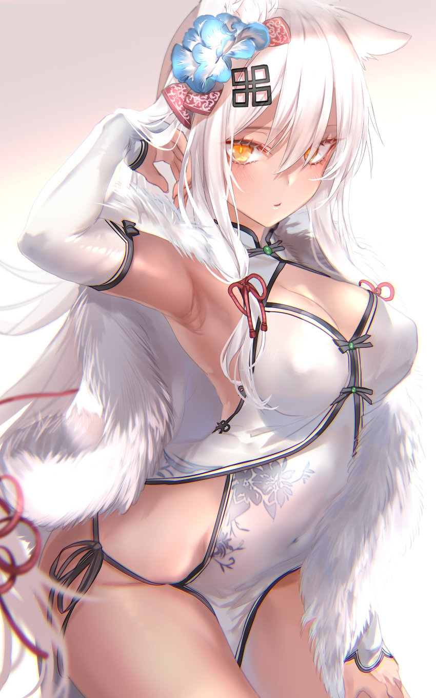 1girl absurdres animal_ears arched_back bangs black_panties blush breasts bright_pupils capelet china_dress chinese_clothes cleavage cleavage_cutout covered_navel covered_nipples dark_skin dress elbow_gloves eyelashes flower fur_trim girls_frontline gloves hair_between_eyes hair_flower hair_ornament hair_ribbon highres large_breasts long_hair m590_(girls_frontline) panties parted_lips pottsness ribbon side-tie_panties side_slit sidelocks simple_background solo tress_ribbon underwear white_dress white_gloves white_hair yellow_eyes