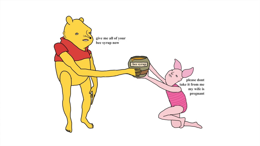 1080p 16:9 6_fingers anthro bottomless chris_(simpsons_artist) clothed clothing college cousins creepy dead_eyes disney domestic_pig duo english_text featureless_crotch fingers fur gluttony hi_res holding_object honey human_ears humor kneeling long_arm long_arms male mammal overweight piglet pink_body pink_clothing pink_fur pooh_bear pregnant red_clothing red_shirt red_topwear school shirt simple_background story story_at_source story_in_description suid suina sus_(pig) text topwear ursid what white_background why widescreen winnie_the_pooh_(franchise) yellow_body yellow_fur