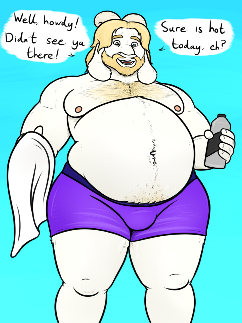 3:4 anthro asgore_dreemurr belly big_belly blonde_hair body_hair boss_monster bottomwear bovid bulge caprine chest_hair clothing deltarune fur goat hair hairy hi_res horn long_hair male mammal nipples overweight overweight_anthro overweight_male oystercatcher7 shorts simple_background solo thick_thighs towel undertale video_games water_bottle white_body white_fur