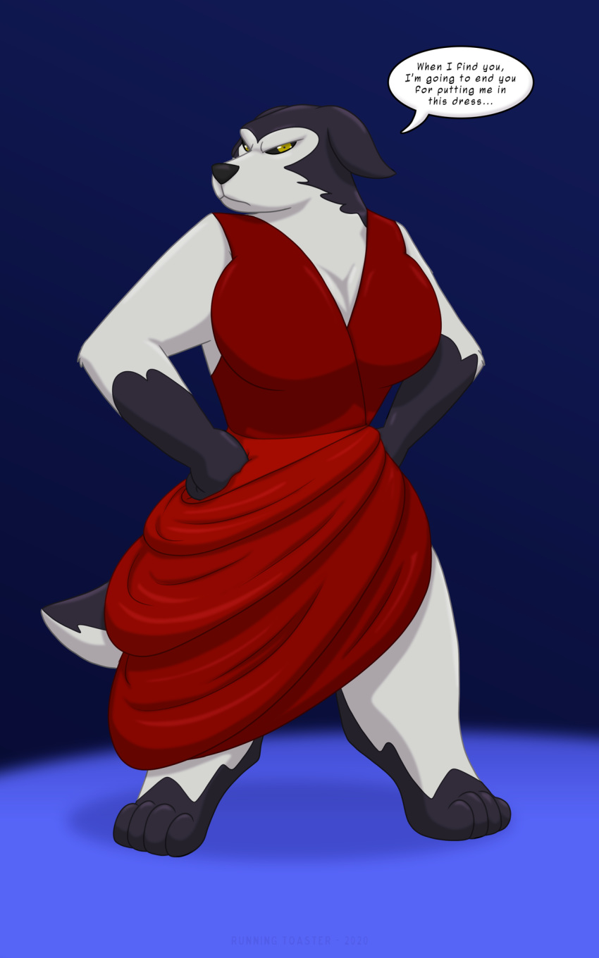 10:16 2020 angry anthro armello barefoot black_body black_fur breasts canid canine canis cleavage clothed clothing dialogue digital_media_(artwork) dress ears_down english_text female fur hands_on_hips hi_res looking_at_viewer magna_(armello) mammal multicolored_body multicolored_fur pivoted_ears red_clothing red_dress runningtoaster simple_background solo speech_bubble text two_tone_body two_tone_fur video_games white_body white_fur wolf yellow_eyes