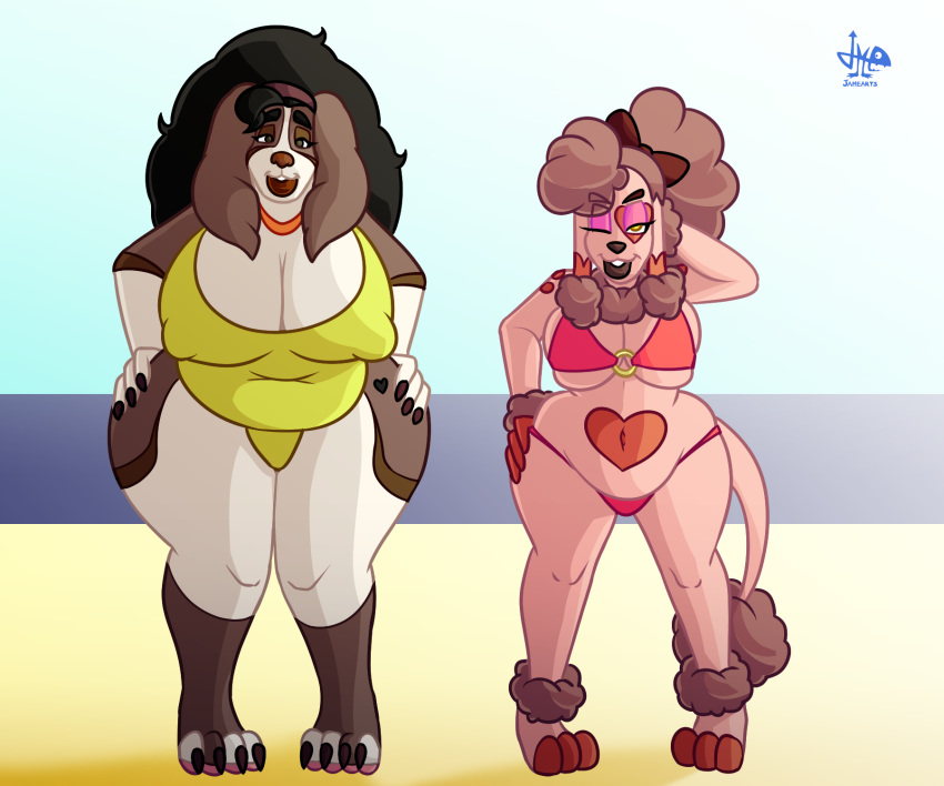 6:5 anthro bikini bird_dog breasts canid canine canis clothing cocker_spaniel domestic_dog duo emily_love female hi_res hunting_dog jamearts mammal one-piece_swimsuit one_eye_closed overweight overweight_anthro overweight_female poodle rosie_love spaniel swimwear wink