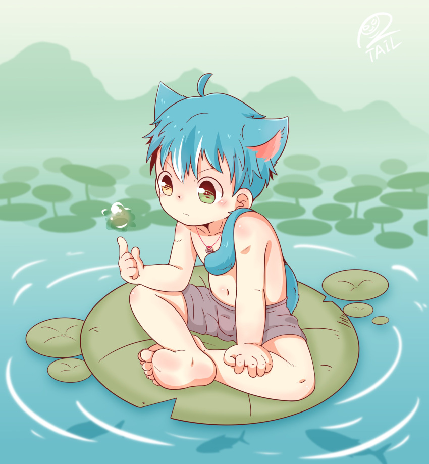absurdres animal_ears artist_request blue_hair commentary floating floating_object highres magic original outdoors pond shorts textless