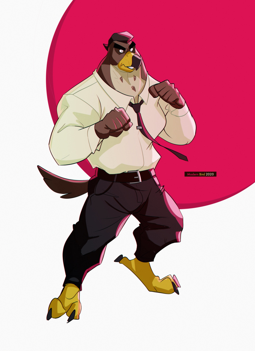 abstract_background absurd_res angry anthro avian beak bird falcon falcon_graves falconid fighting_pose glare hi_res male modern_bird muscular muscular_anthro muscular_male necktie pose solo talons thick_neck toothed_beak