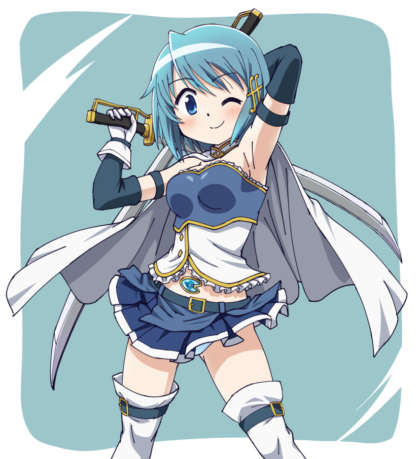 1girl ;) arm_strap bangs belt blue_belt blue_gloves blue_hair blue_shirt blue_skirt bob_cut cape commentary_request cutlass_(sword) dual_wielding elbow_gloves eyebrows_visible_through_hair fortissimo fortissimo_hair_ornament frilled_shirt frills gloves hair_ornament highres holding holding_sword holding_weapon inoue_kouji layered_gloves looking_at_viewer magical_girl mahou_shoujo_madoka_magica midriff miki_sayaka miniskirt object_behind_back one_eye_closed panties pantyshot pleated_skirt shirt short_hair skirt smile solo standing strapless_shirt sword thigh_strap thighhighs underwear weapon white_cape white_gloves white_legwear white_panties