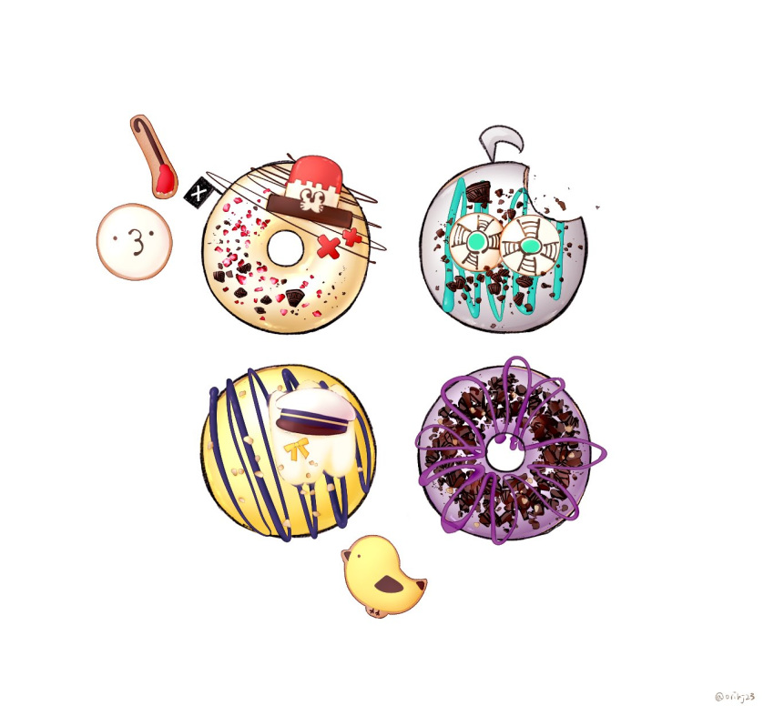 animal_hat bird bow cane cat_hat chocolate_mint commentary cream doughnut english_commentary flower_(vocaloid) food fukase hat highres icing james_(vocaloid) multiple_boys no_humans objectification oliver_(vocaloid) orihj23 point_(vocaloid) sailor_hat signature sprinkles utatane_piko vocaloid white_headwear yellow_bow