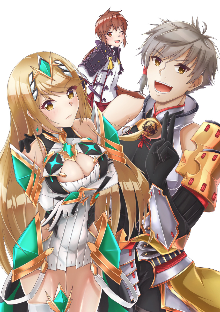 1boy 2girls :d absurdres addam_origo arm_around_shoulder armor bangs bare_legs bare_shoulders blonde_hair breasts chest_jewel cleavage_cutout crossed_arms dress earrings elbow_gloves gloves highres jewelry kagin_(kagou_shita_nanika) large_breasts long_hair lora_(xenoblade) multiple_girls mythra_(xenoblade) one_eye_closed open_mouth short_dress shoulder_armor silver_hair simple_background smile swept_bangs thigh_strap tiara very_long_hair white_background white_dress white_gloves xenoblade_chronicles_(series) xenoblade_chronicles_2 xenoblade_chronicles_2:_torna_-_the_golden_country yellow_eyes