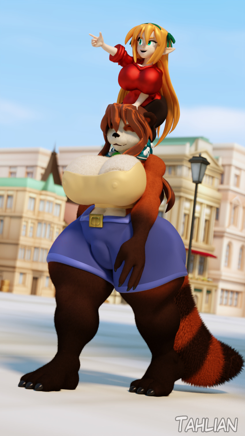 3d_(artwork) 9:16 ailurid anthro barefoot big_breasts big_butt blizzard_entertainment breasts brown_hair butt carrying claws cleavage clothed clothing curvy_figure digital_media_(artwork) duo elf felicia_(tahlian) female female/female fluffy fluffy_tail freckles fur gesture green_eyes hair half-elf happy hi_res huge_breasts humanoid humanoid_pointy_ears kimiko_(tahlian) mammal open_mouth orange_hair outside pandaren piggyback pointing red_panda red_pandaren short_stack size_difference tahlian ursid video_games voluptuous walking warcraft wide_hips