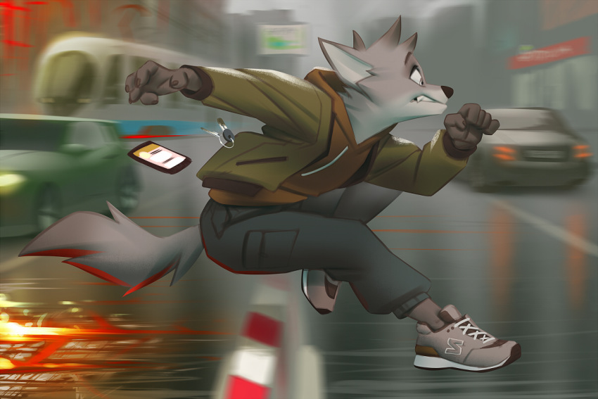 2020 3:2 anthro bottomwear building canid canine car cellphone city clothing footwear fox fur hoodie jacket keys male mammal miles_df pants phone running shoes smartphone solo teeth topwear vehicle