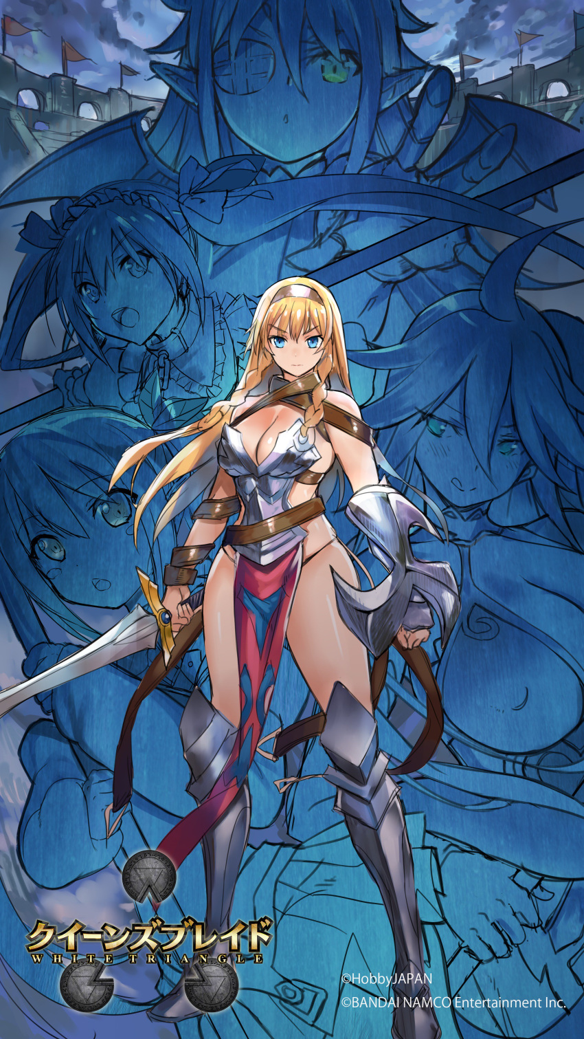 5girls absurdres ahoge airi_(queen's_blade) aldra_(queen's_blade) armor armored_dress bangs bare_shoulders belt bikini_armor blonde_hair blue_eyes blush bow breasts chain choker cleavage closed_mouth commentary_request copyright_name covered_nipples demon_girl demon_wings detached_sleeves dress elbow_gloves elf eyepatch frills funikura gauntlets gloves greaves hair_bow hair_ornament hair_ribbon headband headgear highres holding holding_sword holding_weapon huge_breasts large_breasts leash leina licking_lips loincloth long_hair looking_at_viewer maid maid_headdress medium_breasts multiple_girls nowa official_art pelvic_curtain pointy_ears queen's_blade queen's_blade_unlimited queen's_blade_white_triangle revealing_clothes ribbon scythe shield short_sleeves side_braids sidelocks simple_background single_gauntlet skirt smile staff sword tongue tongue_out twintails very_long_hair weapon wings wrist_cuffs