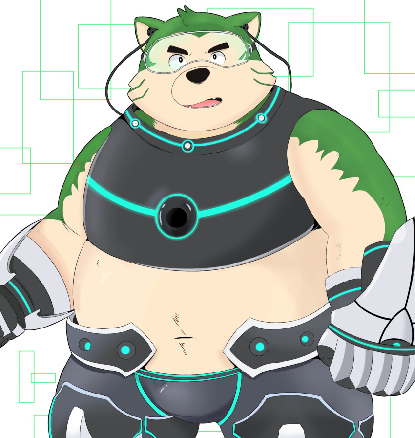 2020 anthro belly black_nose canid canine canis domestic_dog fur green_body green_fur hi_res kemono live-a-hero male mammal mokdai overweight overweight_anthro overweight_male solo video_games visor wipas5500