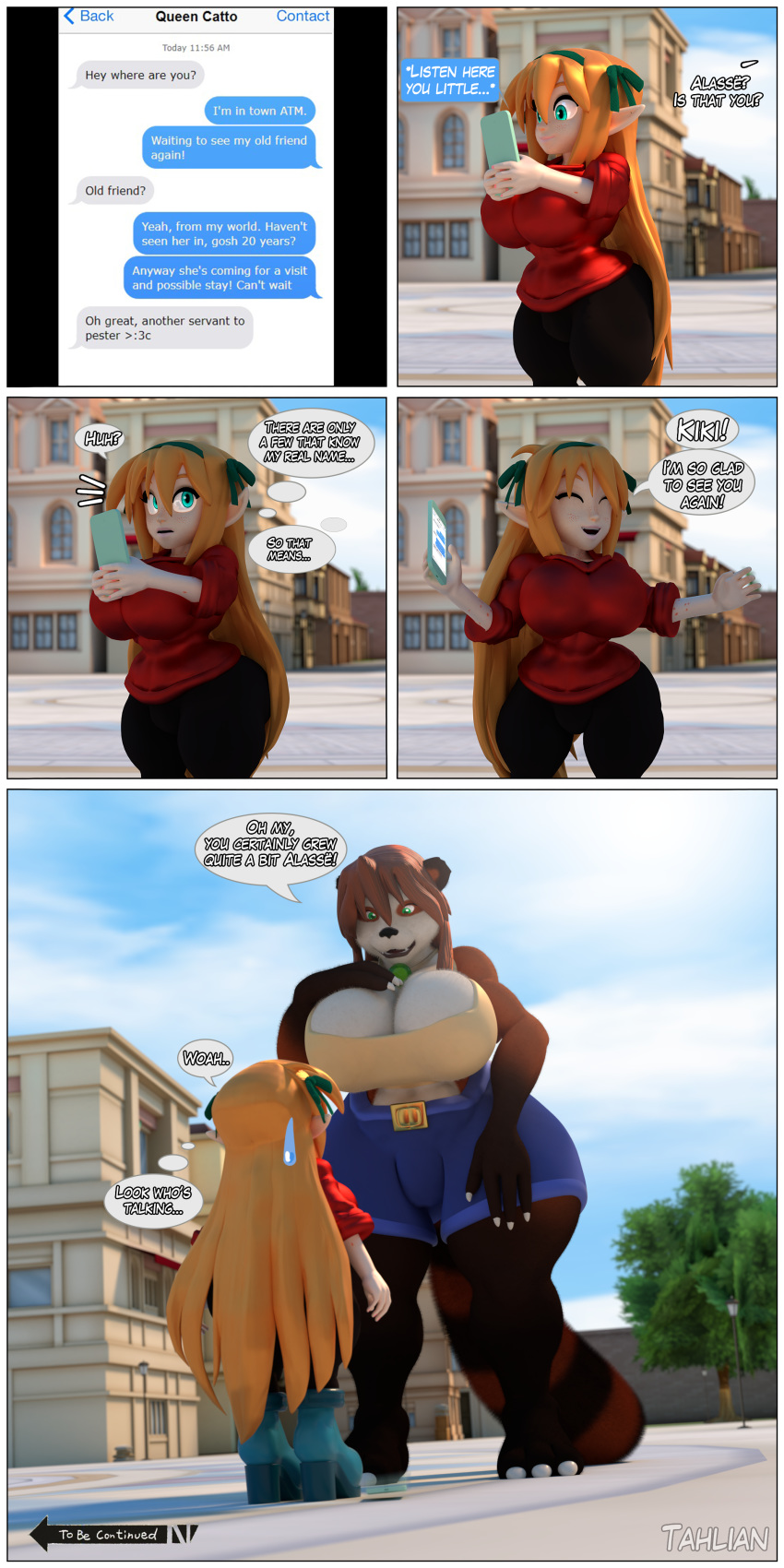 1:2 3d_(artwork) absurd_res ailurid anthro barefoot big_breasts big_butt blizzard_entertainment breasts brown_body brown_fur brown_hair butt claws cleavage clothed clothing comic curvy_figure digital_media_(artwork) duo elf english_text felicia_(tahlian) female fluffy fluffy_tail freckles fur green_eyes hair half-elf hi_res humanoid humanoid_pointy_ears kimiko_(tahlian) long_hair looking_down looking_up mammal meme orange_hair pandaren phone red_panda red_pandaren shadow short_stack size_difference tahlian text texting thick_thighs to_be_continued ursid video_games voluptuous warcraft white_body white_fur wide_hips