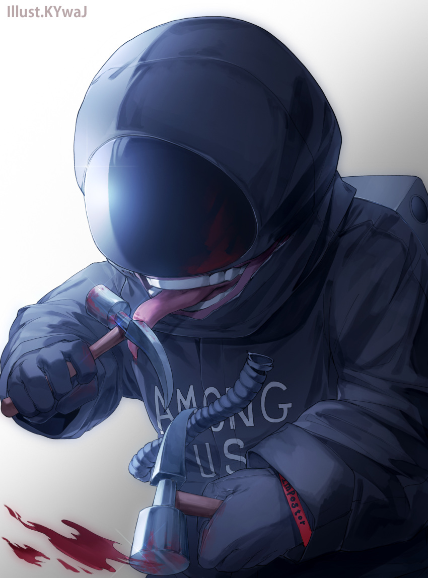 absurdres among_us artist_name blood bloody_weapon gloves hammer highres impostor_(among_us) licking licking_weapon solo spacesuit tongue tongue_out toyan_8210 weapon wristband