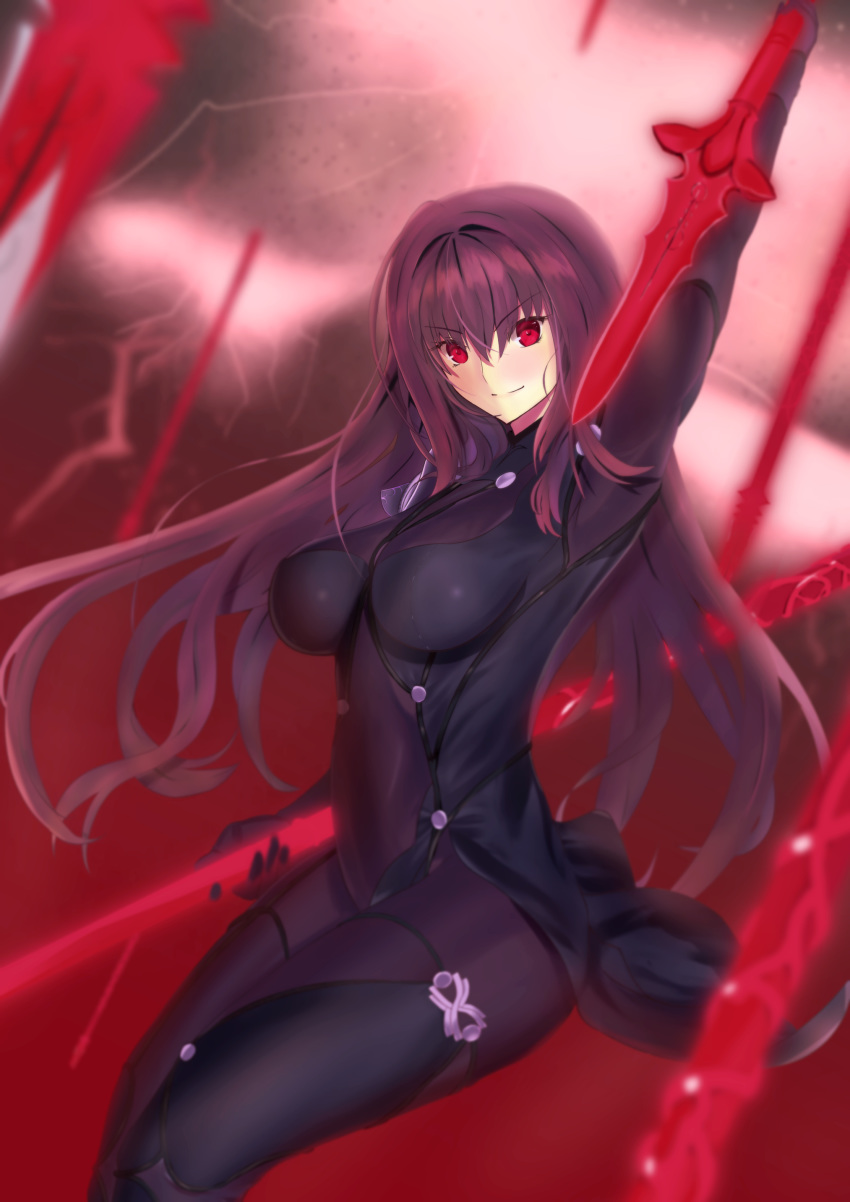 1girl absurdres armor artist_request aura bangs blush bodysuit breasts fate/grand_order fate_(series) gae_bolg hair_between_eyes highres large_breasts long_hair looking_at_viewer pauldrons polearm purple_bodysuit purple_hair red_eyes scathach_(fate)_(all) scathach_(fate/grand_order) shoulder_armor smile spear thighs weapon