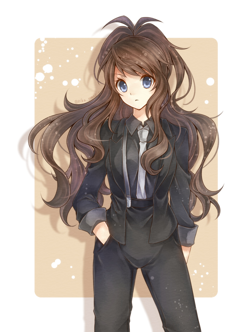 1girl black_pants black_suit blue_eyes brown_background brown_hair formal grey_neckwear hand_in_pocket highres hilda_(pokemon) long_hair long_sleeves looking_at_viewer necktie pants pokemon pokemon_(game) pokemon_bw simple_background solo suit suspenders two-tone_background white_background yomogi_(black-elf)