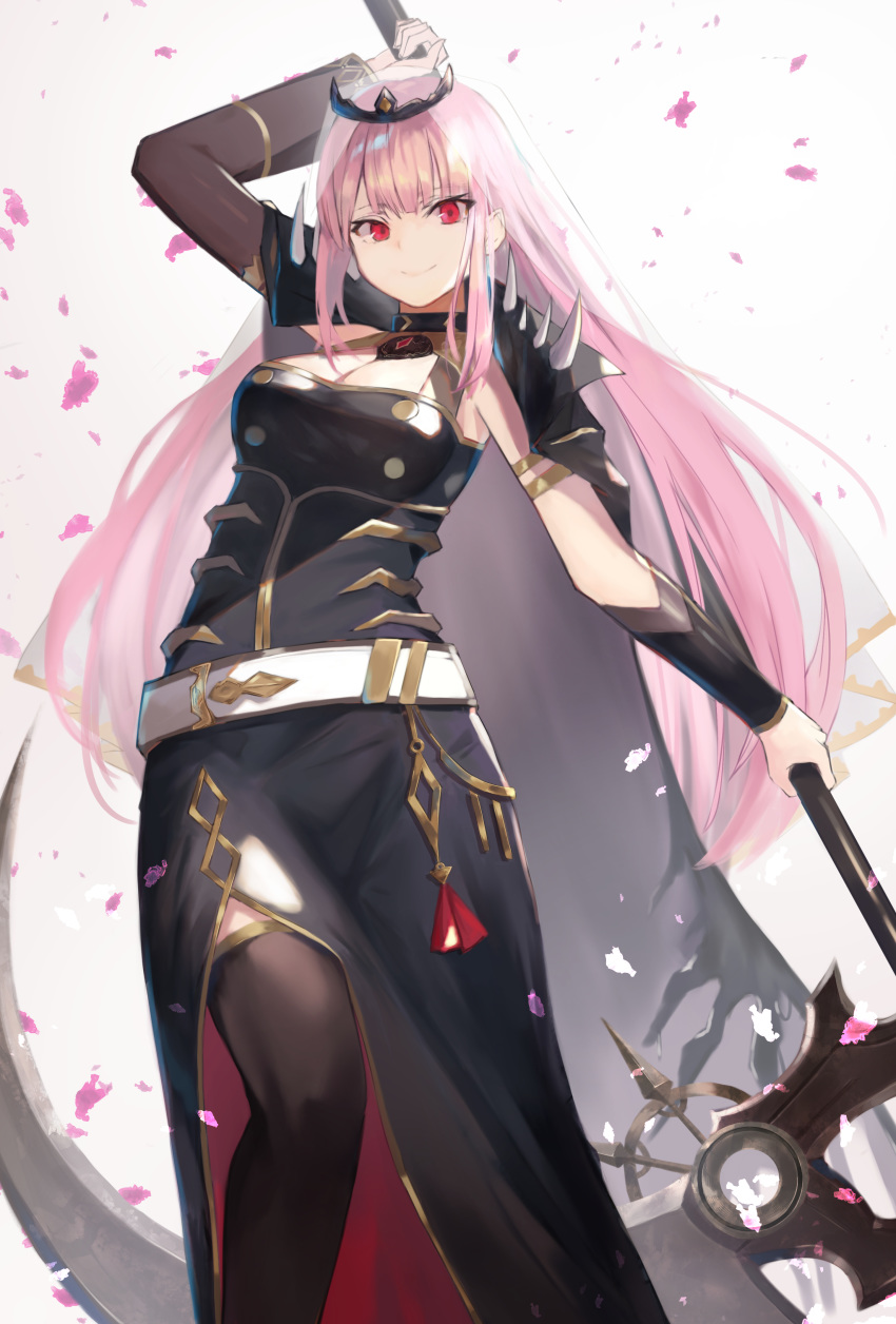 1girl absurdres bangs black_dress blunt_bangs breasts cleavage detached_sleeves dress highres holding holding_scythe hololive hololive_english large_breasts long_hair looking_at_viewer mori_calliope motota petals pink_eyes pink_hair red_eyes scythe simple_background smile solo spikes tiara veil virtual_youtuber