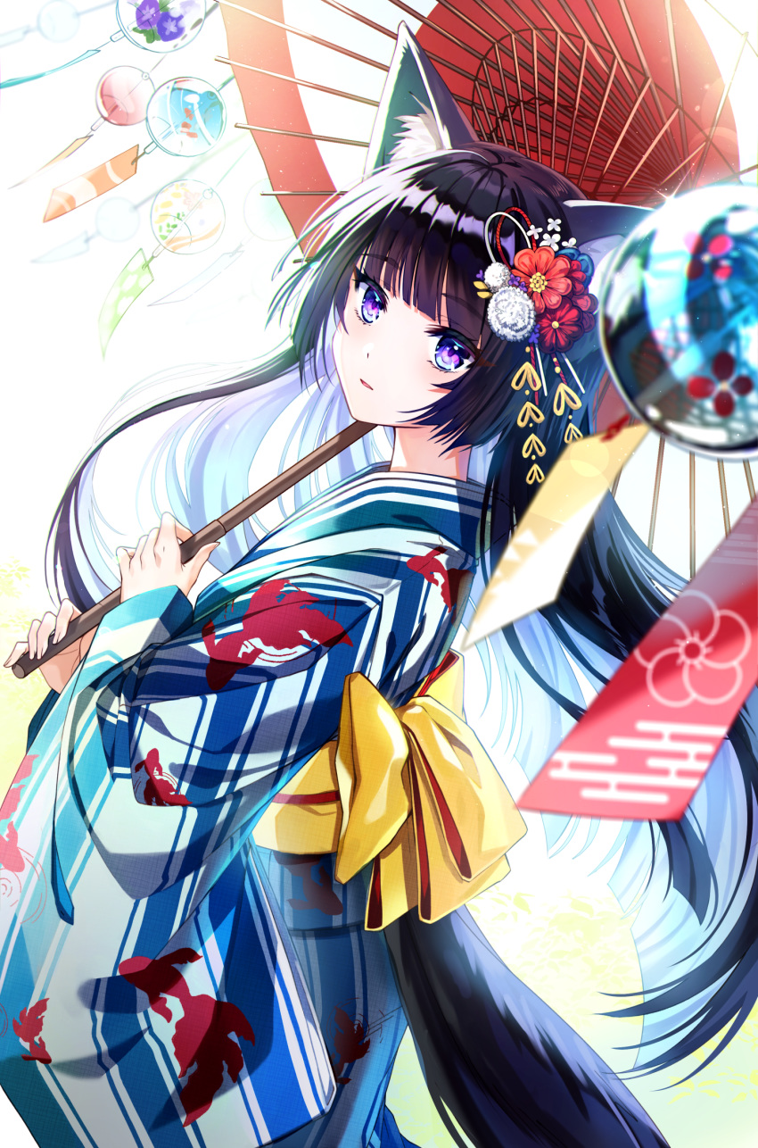 1girl animal_ear_fluff animal_ears back_bow bangs black_hair blue_kimono blunt_bangs bow commentary cowboy_shot eyebrows_visible_through_hair flower fox_ears fox_girl fox_tail from_side hair_flower hair_ornament highres holding holding_umbrella japanese_clothes kimono kiwi_(pixiv6429539) long_hair long_sleeves looking_at_viewer looking_to_the_side obi oriental_umbrella original parted_lips purple_eyes red_flower sash simple_background smile solo straight_hair striped striped_kimono tail umbrella very_long_hair white_background wide_sleeves wind_chime yellow_bow