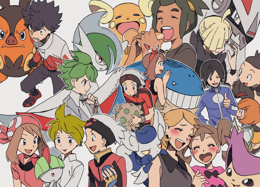 3girls 6+boys alolan_form alolan_raichu bangs beanie black_hair blonde_hair blush brendan_(pokemon) calem_(pokemon) closed_eyes commentary_request delcatty eating eyelashes food gallade gen_3_pokemon gen_4_pokemon gen_5_pokemon gen_6_pokemon gen_7_pokemon gladion_(pokemon) green_hair hat hau_(pokemon) highres holding holding_food holding_poke_ball holding_pokemon hugh_(pokemon) jacket jewelry legendary_pokemon light_brown_hair long_sleeves may_(pokemon) meowstic meowstic_(female) multiple_boys multiple_girls nashubi_(to_infinity_wow) necklace one_eye_closed open_mouth orange_hair pants pignite poke_ball pokemon pokemon_(creature) pokemon_(game) pokemon_bw2 pokemon_oras pokemon_rse pokemon_sm pokemon_xy ralts red_bandana serena_(pokemon) shauna_(pokemon) shoes shroomish silvally teeth tierno_(pokemon) tongue trevor_(pokemon) wailmer wally_(pokemon) white_background white_headwear