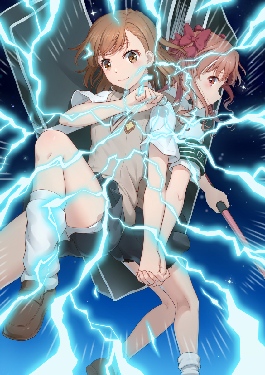 2girls anarchojs back-to-back bangs biribiri black_skirt bow brown_eyes brown_footwear brown_hair closed_mouth coin commentary_request electricity energy hair_bow hair_ornament highres holding holding_coin holding_hands long_hair looking_at_viewer misaka_mikoto multiple_girls pleated_skirt red_bow school_uniform shirai_kuroko shoes short_hair short_sleeves shorts shorts_under_skirt skirt smile sweater_vest to_aru_kagaku_no_railgun to_aru_majutsu_no_index tokiwadai_school_uniform weapon white_shorts yuri