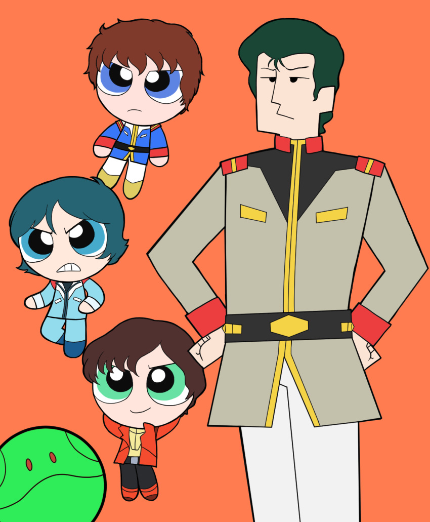 4boys amuro_ray blue_eyes blue_hair bright_noa brown_hair clenched_teeth commentary floating green_eyes gundam gundam_zz hands_on_hips haro highres judau_ashta kamille_bidan mobile_suit_gundam multiple_boys orange_background parody powerpuff_girls robot style_parody teeth uniform usa_(usagi7585) zeta_gundam