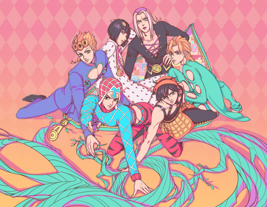 6+boys absurdres argyle argyle_background argyle_shirt black_hair blonde_hair bob_cut bruno_buccellati curly_hair giorno_giovanna grey_hair guido_mista hat highres jojo_no_kimyou_na_bouken leone_abbacchio male_focus multiple_boys narancia_ghirga pannacotta_fugo plant scar6105 vento_aureo vines zipper