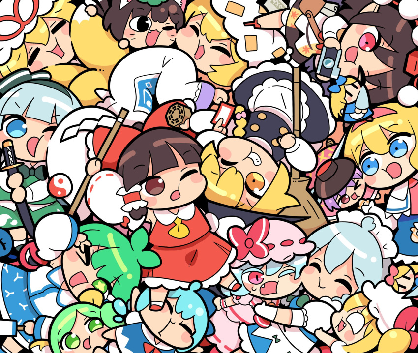 6+girls alice_margatroid animal_ears animal_hat apron ascot between_fingers black_skirt black_vest blonde_hair blue_bow blue_dress blue_eyes blue_hair blue_skirt blue_tabard blush bow bowl bowl_hat bowtie braid broom brown_eyes brown_hair camera capelet cat_ears cheek-to-cheek chen cirno closed_eyes closed_mouth commentary_request daiyousei detached_sleeves detached_wings doll dress fairy fairy_wings fang flandre_scarlet fox_tail frilled_bow frilled_hair_tubes frilled_skirt frills geta gloves gohei green_bow green_bowtie green_eyes green_hair green_hairband green_hat green_skirt green_vest grey_hair hair_bow hair_tubes hairband hakurei_reimu hat hat_ribbon heads_together highres hitodama holding holding_broom holding_camera holding_gohei holding_ofuda holding_sword holding_weapon hug ice ice_wings izayoi_sakuya katana kirisame_marisa kitsune kochiya_sanae konpaku_youmu konpaku_youmu_(ghost) long_hair long_sleeves maid_headdress mini-hakkero mini_person minigirl mob_cap moyazou_(kitaguni_moyashi_seizoujo) multiple_girls multiple_tails ofuda ofuda_between_fingers one_eye_closed one_side_up open_mouth pink_hairband pink_hat pink_shirt pink_skirt pom_pom_(clothes) purple_hair red_bow red_eyes red_hat red_ribbon red_skirt remilia_scarlet ribbon ribbon-trimmed_sleeves ribbon_trim shameimaru_aya shanghai_doll sheath sheathed shirt siblings sisters skirt skirt_set smile star-shaped_pupils star_(symbol) sukuna_shinmyoumaru sword symbol-shaped_pupils tabard tail tengu-geta tokin_hat touhou v v_over_eye vest waist_apron weapon white_apron white_capelet white_gloves white_hat wings witch_hat yakumo_ran yakumo_yukari yellow_ascot |_|