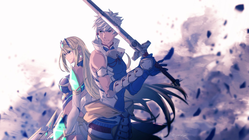 1boy 1girl addam_origo back-to-back bare_shoulders breasts cowboy_shot elbow_gloves gloves highres holding holding_sword holding_weapon large_breasts mythra_(xenoblade) sword tiara two-handed_sword weapon white_background white_gloves xenoblade_chronicles_(series) xenoblade_chronicles_2 xenoblade_chronicles_2:_torna_-_the_golden_country yellow_eyes yumiyoiyoi
