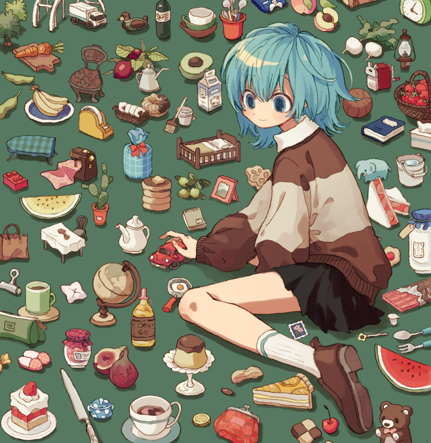 1girl apple avocado basket basketball black_skirt blue_eyes blue_hair book bottle brown_footwear bucket cactus cake cake_slice candy carrot chair cherry chocolate chocolate_bar closed_mouth coffee coffee_mug cup cutting_board dot_nose doughnut elephant flower food fork fried_egg fruit globe green_background highres ironing_board jar ka_(marukogedago) knife lego_brick long_sleeves melon mop mug olive original pacifier pancake pencil_case plant pleated_skirt postage_stamp potted_plant sandwich sewing_machine shoes short_hair simple_background sitting skirt slippers smile socks solo spoon strawberry stuffed_animal stuffed_toy sweater table tagme tape teddy_bear tissue_box toy_car toy_truck tree turnip wariza watering_can watermelon white_legwear wine_bottle