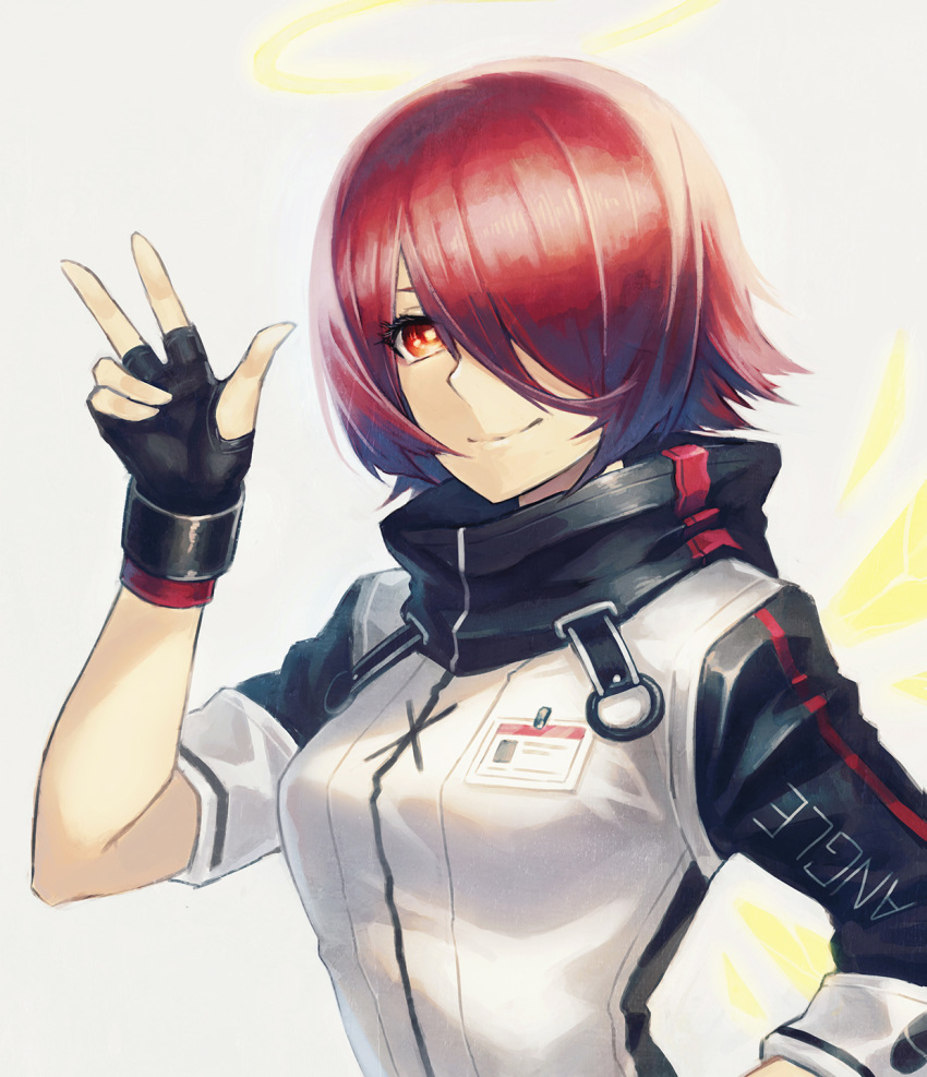 1girl a-er_(akkij0358) arknights bangs black_gloves breasts commentary_request exusiai_(arknights) fingerless_gloves gloves grey_background hair_over_one_eye halo hand_up high_collar highres id_card jacket looking_at_viewer raglan_sleeves red_eyes red_hair short_hair short_sleeves simple_background small_breasts smile solo upper_body w white_jacket