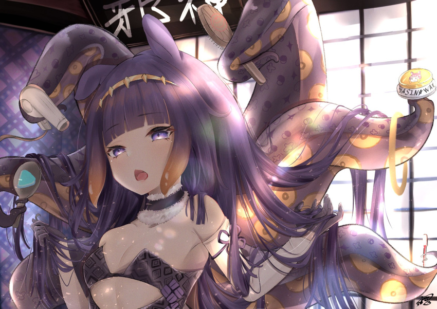 1girl arm_ribbon bangs bare_shoulders black_gloves blunt_bangs breasts detached_sleeves dress fur_collar gloves halo_removed highres holding holding_brush holding_hair holding_hair_dryer holding_mirror holding_toothbrush hololive hololive_english indoors logo long_hair mirror monster_girl ninomae_ina'nis open_mouth purple_eyes purple_hair ribbon signature single_detached_sleeve small_breasts solo strapless tentacle_hair tentacle_hold tentacles tiara toothbrush upper_body urotare very_long_hair virtual_youtuber