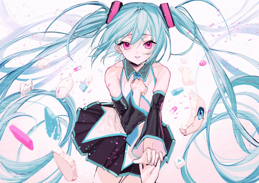 1girl absurdly_long_hair aisarenakute_mo_kimi_ga_iru_(vocaloid) aqua_eyes aqua_hair aqua_nails aqua_neckwear bare_shoulders black_skirt black_sleeves broken capsule commentary cowboy_shot detached_sleeves grey_shirt hand_on_own_chest hatsune_miku headphones headset highres keyboard_(computer) long_hair master_(vocaloid) miniskirt nail_polish necktie open_mouth outstretched_arm pink_eyes pleated_skirt pov pov_hands reaching_out rumoon_cocoa shirt shoulder_tattoo skindentation skirt sleeveless sleeveless_shirt smile solo tattoo thighhighs twintails very_long_hair vocaloid white_background