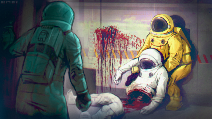 3others among_us astronaut blood blood_on_wall bone corpse crewmate_(among_us) decapitation faceless guro highres impostor_(among_us) making-of_available multiple_others neytirix severed_leg severed_limb signature space_helmet spacesuit