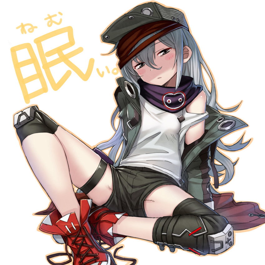 1girl bandana blush_stickers eyebrows_visible_through_hair flat_chest g11_(girls_frontline) girls_frontline hair_between_eyes half-closed_eyes hat head_tilt highres itou_(onsoku_tassha) jacket knee_pads long_hair looking_at_viewer messy_hair off_shoulder open_clothes open_jacket red_footwear shoes short_shorts shorts sidelocks silver_hair simple_background sitting sneakers solo strap_slip thigh_strap untied_shoes white_background