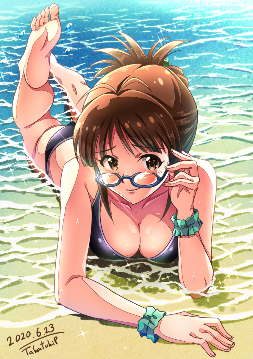 1girl absurdres akizuki_ritsuko bare_shoulders barefoot beach bikini black_bikini blue-framed_eyewear blush breasts brown_eyes brown_hair cleavage collarbone commentary_request dated folded_ponytail glasses highres huge_filesize idolmaster large_breasts looking_at_viewer lying ocean on_stomach scrunchie short_hair signature smile solo swimsuit takatsuki_p wrist_scrunchie