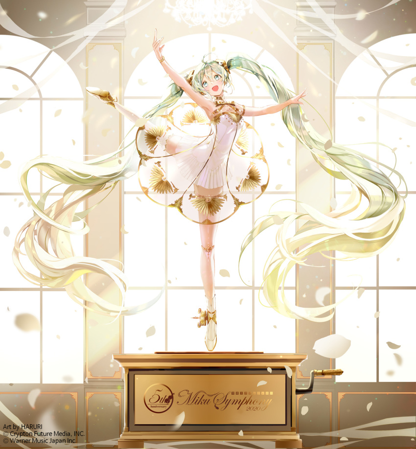 1girl :d anniversary armpits bangs bare_arms bare_shoulders blue_eyes bow brown_bow commentary_request copyright_name dress eyebrows_visible_through_hair green_hair hair_between_eyes haruri hatsune_miku highres indoors leg_up long_hair miku_symphony_(vocaloid) official_art open_mouth petals see-through smile solo standing standing_on_one_leg strapless strapless_dress tiptoes twintails very_long_hair vocaloid watermark white_dress window
