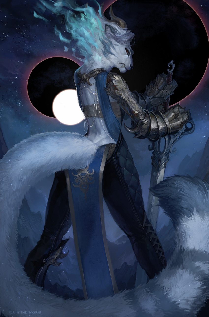 2020 anthro day detailed_background digital_media_(artwork) eclipse felid feline female fur hi_res juliathedragoncat mammal outside red_eyes sky solo star starry_sky white_body white_fur