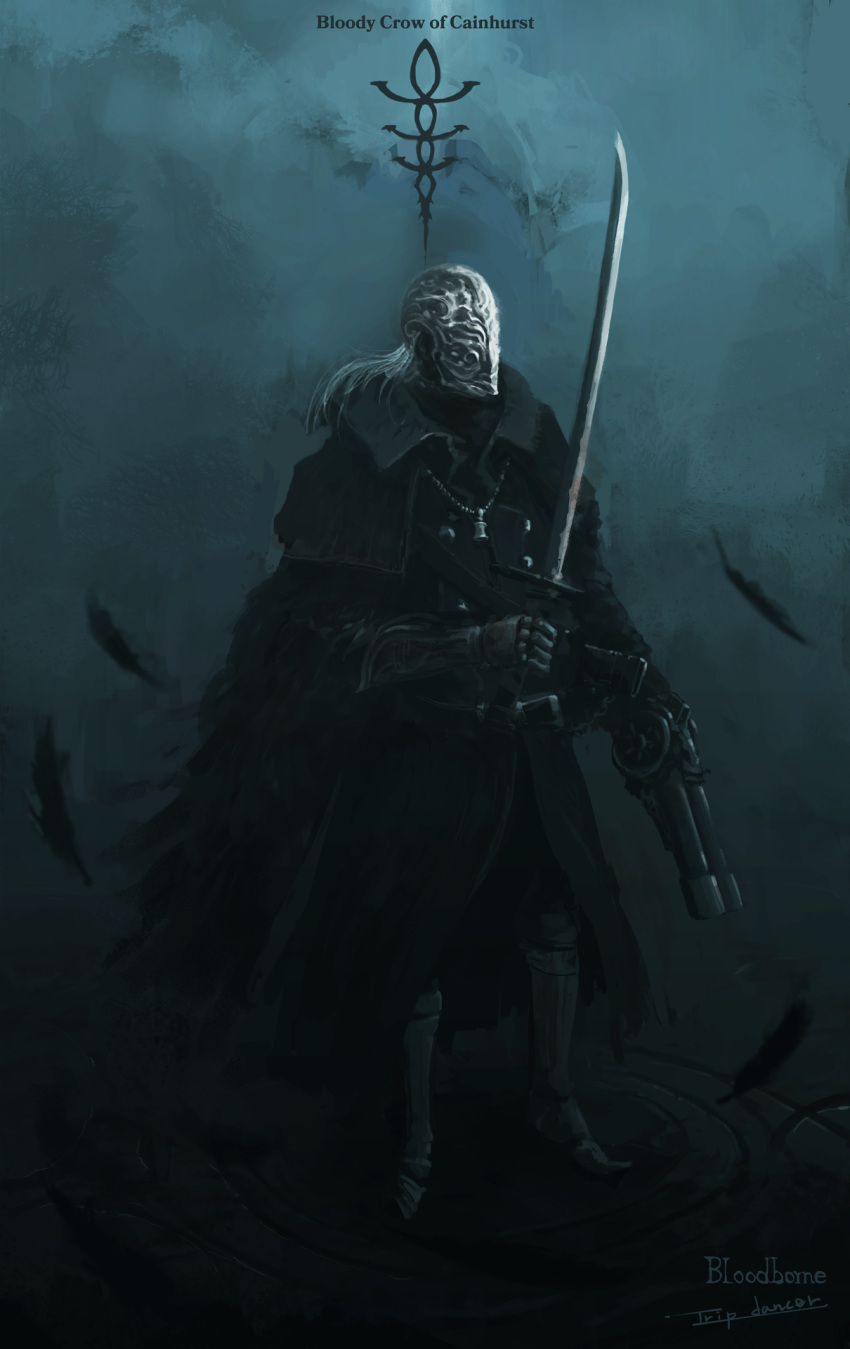 1boy artist_name black_coat black_footwear bloodborne bloody_crow_of_cainhurst boots chikage_(bloodborne) coat commentary copyright_name feather-trimmed_coat feather_trim feathers grey_hair gun helm helmet highres holding holding_gun holding_sword holding_weapon jewelry long_hair male_focus necklace signature solo standing sword tripdancer weapon